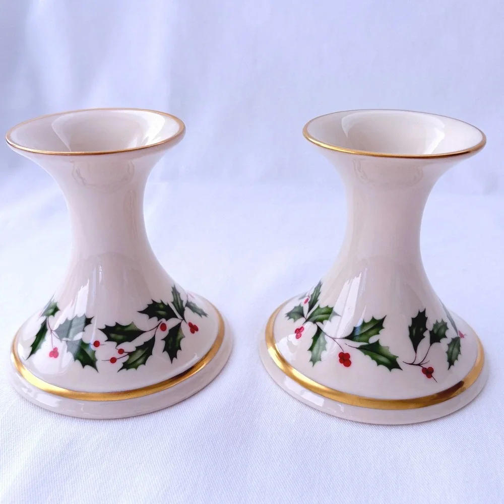 Vintage Lenox Holiday Candle Holder Set & Leaf Dish Gold Trim Holly Berry 3pc